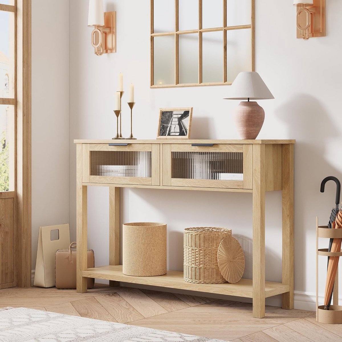 Consoletafel - 110x30x80cm - Bijzettafel met 2 Glazen Lades - 2 Lagen met Opbergruimte - voor Hal of Woonkamer - Houtkleur