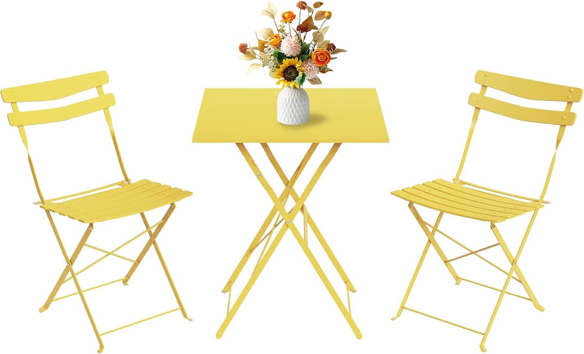 3-delige opvouwbare bistroset voor de tuin – Vierkante metalen tafel + 2 weerbestendige stoelen – Eenvoudig op te bergen – Geschikt voor balkon, terras, tuin en binnenplaats – Geel