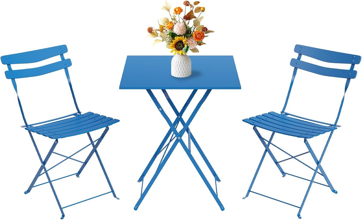 3-delige opvouwbare bistroset voor de tuin – Vierkante metalen tafel + 2 weerbestendige stoelen – Eenvoudig op te bergen – Geschikt voor balkon, terras, tuin en binnenplaats – Blauw