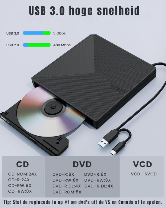 KAD® DVD Speler - USB 3.0 en Type-C - DVD Speler Laptop - DVD Brander - Zwart - 15cm x 15cm x 2cm van kad — afbeelding 4