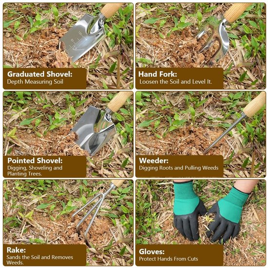 Dailygoods - OFFCUP Tuingereedschapset, 6 stuks tuingereedschap, tuingereedschap met ergonomische handgrepen, waaronder brede spop, puntige spade, wortelplukker, hark, drievingerige vork en een paar handschoenen van Dailygoods — afbeelding 5