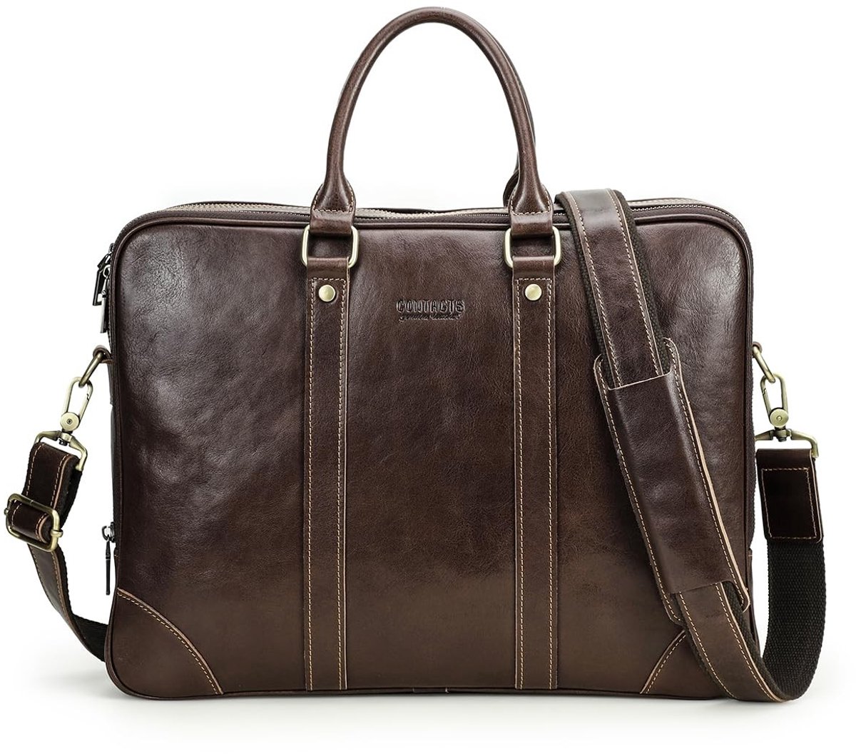 Dailygoods - Contacts Echt lederen heren aktetas 14 inch laptoptas, casual vintage crossbodybag zakelijke messenger handtas voor mannen vrouwen reizen school advocaat, Koffie4