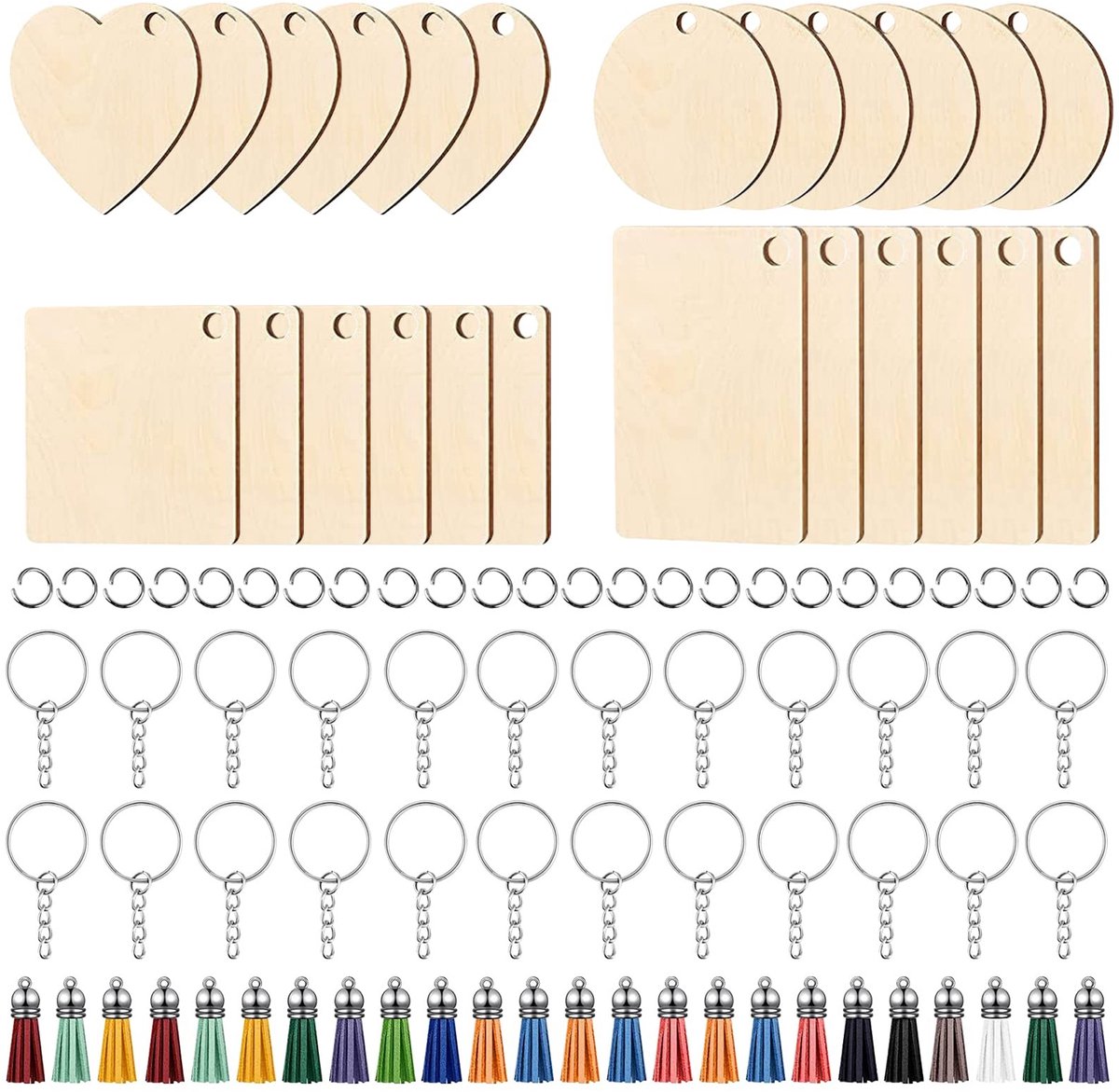 Dailygoods - CONNECTION 96 stuks houten sleutelhangerblanco's doe-het-zelf gepersonaliseerde houten sleutelhangers houten sleutelring sleutelhangers voor knutselwerk sleutelhanger maakset met kleurrijke kwastjes