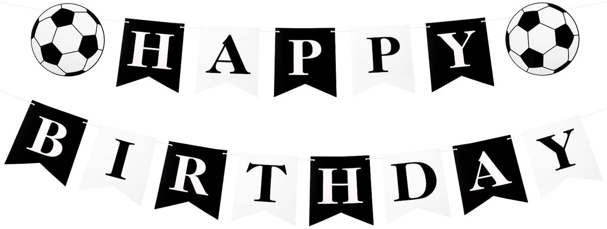 Dailygoods- Verjaardagsbanner Voetbal Thema - Zwart/Wit - Papier - 1 Set - 15x12cm Letterkaarten - 2 Voetbalkaarten - Eenvoudig Te Monteren - Feestdecoratie