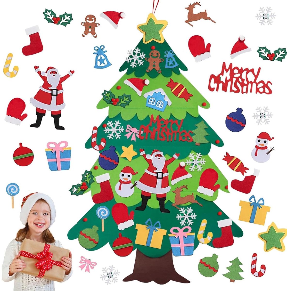 Dailygoods- Kerstboomset met 32 Afneembare Decoraties - Vilten Kerstboom - Doe-Het-Zelf - Wanddecoratie - Kinderen - Hoogwaardig Vilt - Kerstdecoratie