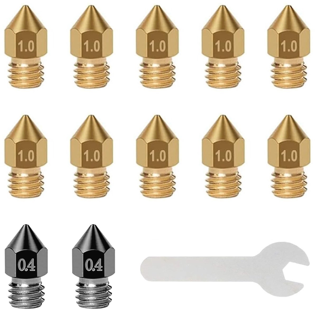 Dailygoods- 3D-printersproeiers set van 12 - gehard staal 2 x 0,4 mm - messing spuitmonden 10 x 1,0 mm - moersleutel - hoge thermische sterkte - voor 3D-printer Anycubic Mega/Creality CR-10/Ender - Spuitmond
