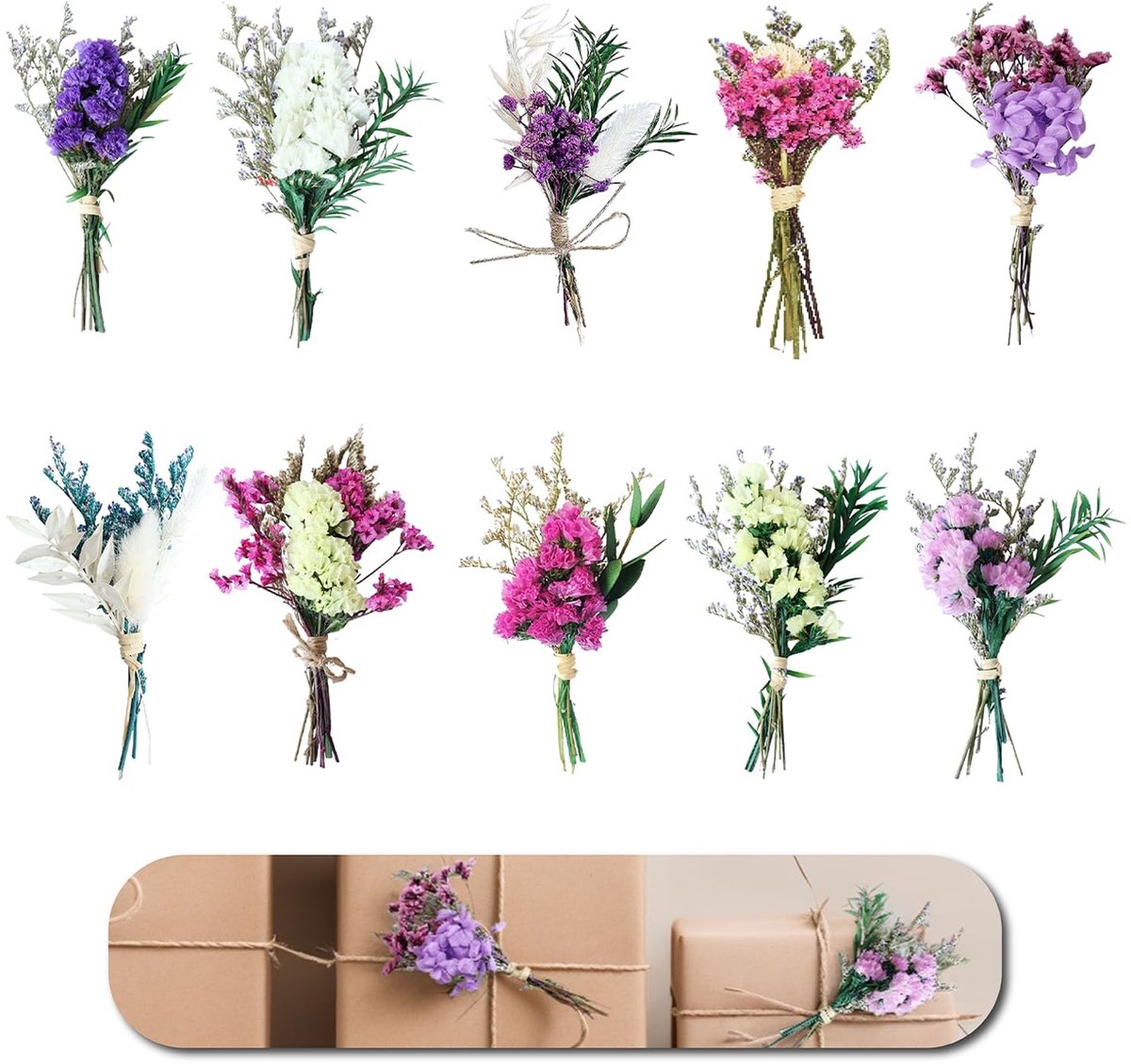 Dailygoods - 10 stuks boeket droogbloemen klein, knutselset, natuurlijke gedroogde bloemen, decoratie, mini-boeket gemengd, voor doe-het-zelf knutselen, dagboek en fotoalbumdecoratie