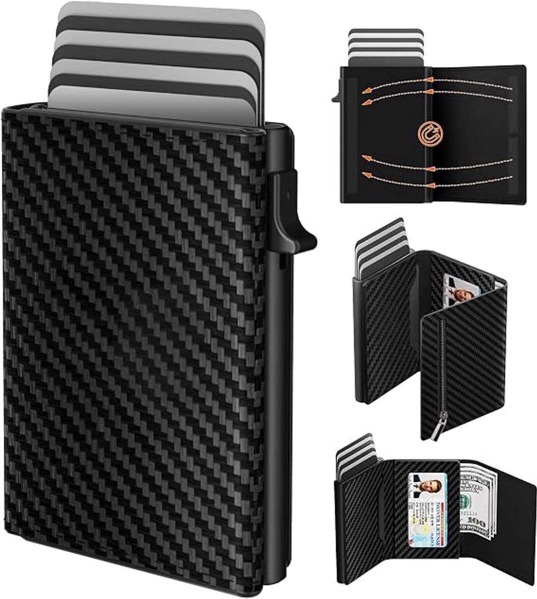 YAGXIG Herenportemonnee - Creditcardhouder - Eenvoudige herenportemonnee - Aluminium pop-up portemonnee - RFID geblokkeerd - Premium leer, slank - Zwart
