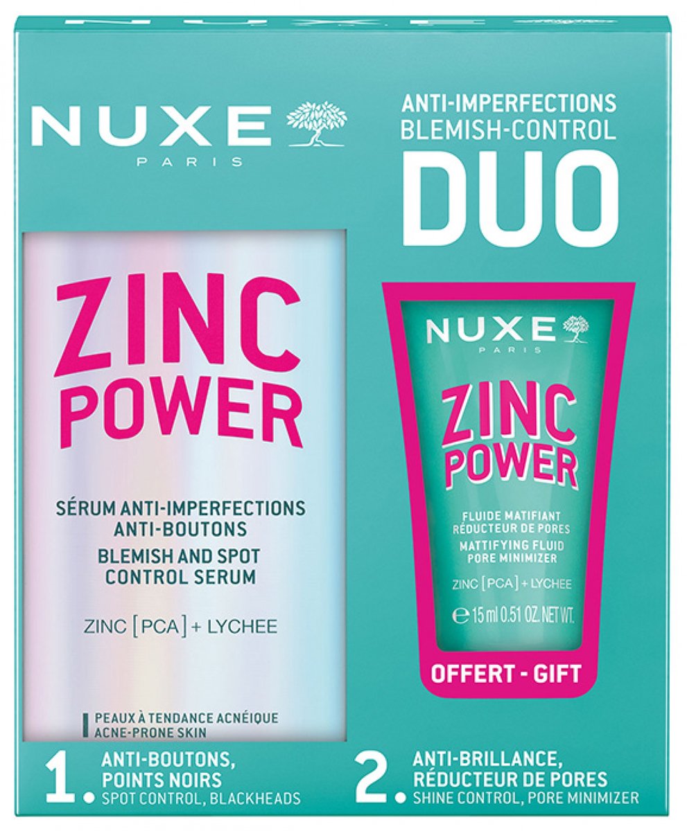 Nuxe Zinc Power Sérum Anti-Imperfections Anti-Boutons 30 ml + Fluide Matifiant Réducteur de Pores 15 ml Gratis