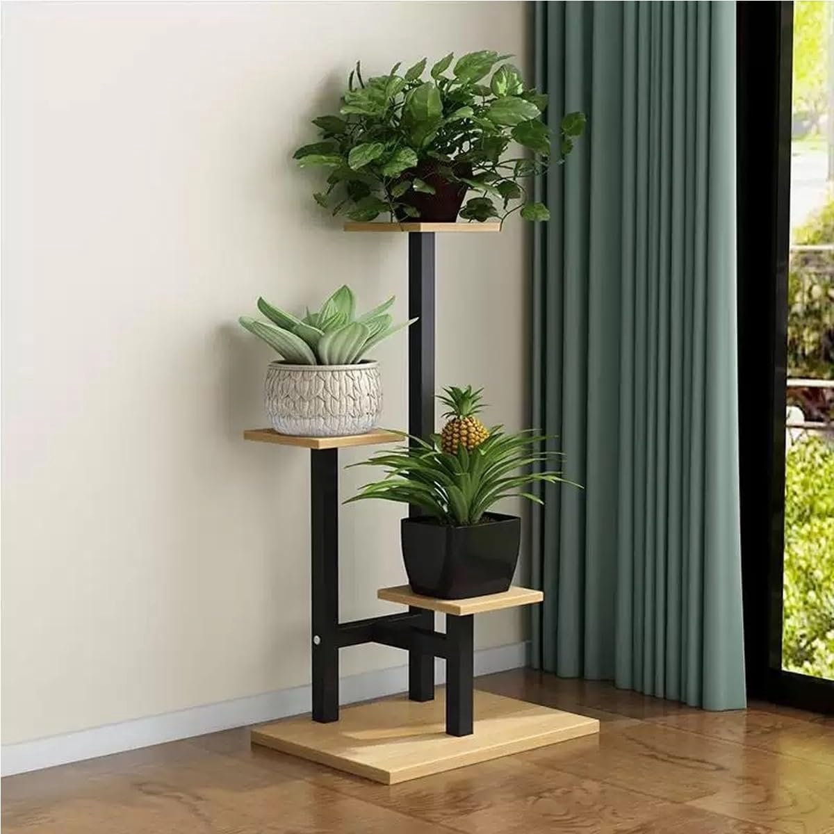 Plantenstandaard metaal - Bloemenrek display - Planten presenteren - Drie lagen ontwerp - 83 cm hoog - Houtkleur