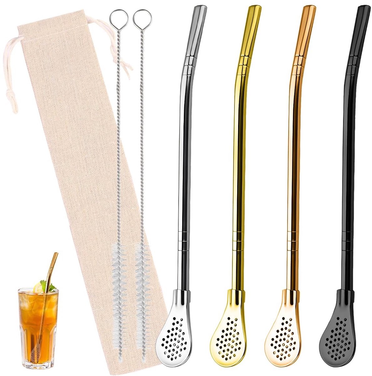 Dailygoods- Rietjes 4 Stuks - Roestvrijstalen Rietjes - Herbruikbare Rietjes - Drinkrietjes - Rietjes met Lepel - Hoogwaardig 304 Roestvrij Staal - Drinkrietje