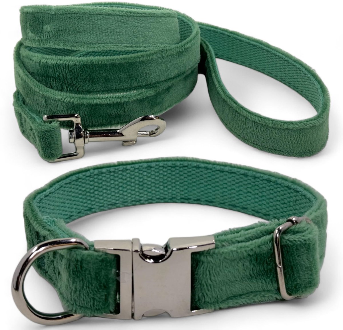 Dailygoods - Hondenriem en hondenhalsband set - Verstelbaar en robuust - Groen fluweel velours - Hondenaccessoires - Stijlvol en veilig - Geschikt voo...