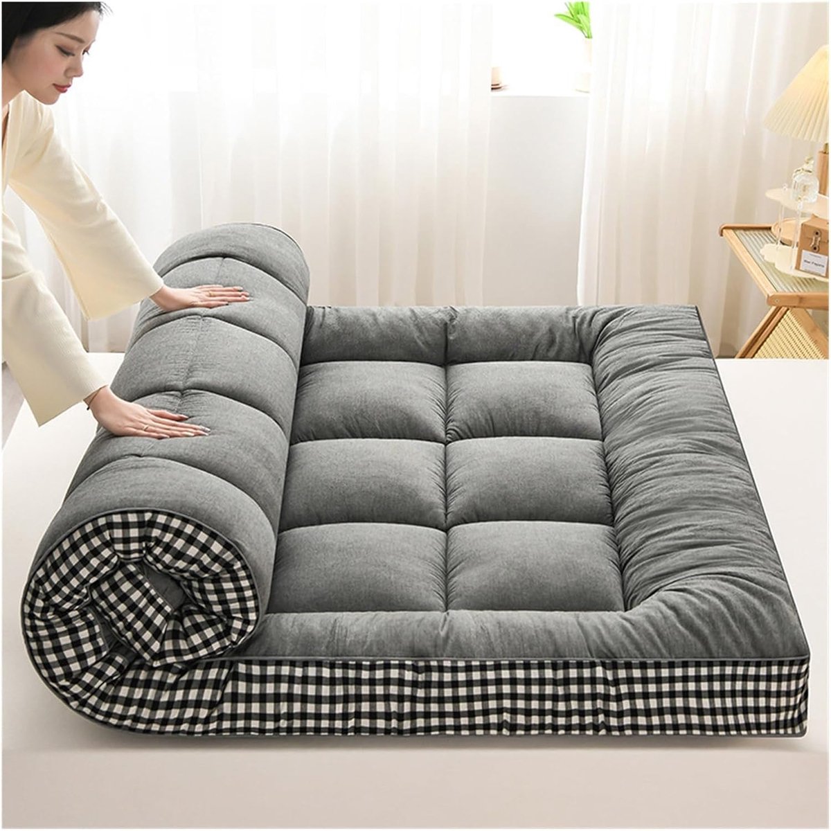 Zachte vloermatras - Japanse futon - Comfortabel slapen - Draagbaar en oprolbaar - 200x220cm - Grijs