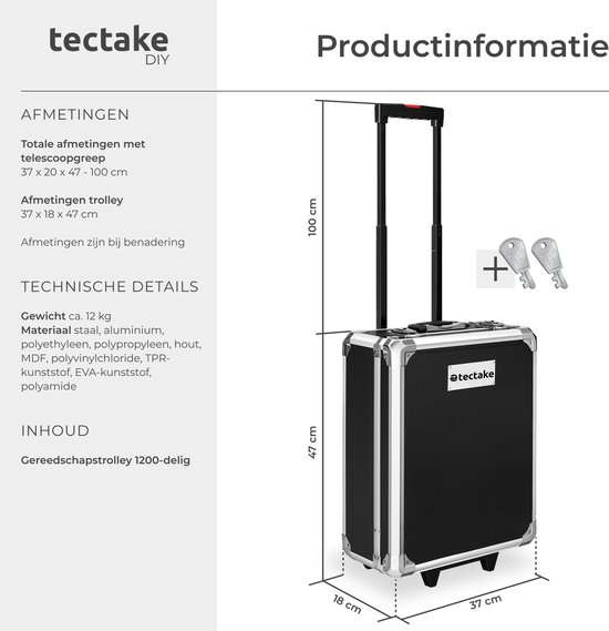 tectake® 1200-Delige Gereedschapskoffer - Gevuld - Gereedschapsset - Op Wielen - Gereedschapstrolley - Gereedschapskist met 4 Niveaus - Complete Gereedschap Set