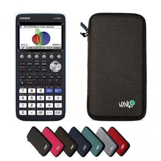 Casio fx-CG50 grafische rekenmachine naast een donkergrijze beschermhoes met WYNGS logo. Onderin diverse gekleurde hoezen.