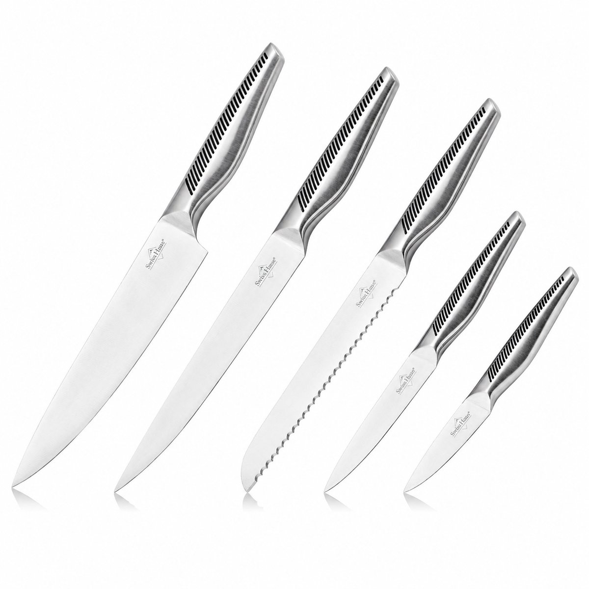 Swiss Haus® KS5LS Messenset - 5 Delige Professionele Keukenmessen Set inclusief Broodmes, Koksmes, & Groentemes – Vaatwasbestendig – Inclusief Geschenkdoos - RVS