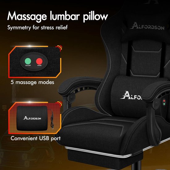 Gamingstoel met massage - Ergonomische racer - Comfortabel werken - Intrekbare voetensteun - 88 x 55 x 128 cm - Zwart — afbeelding 5