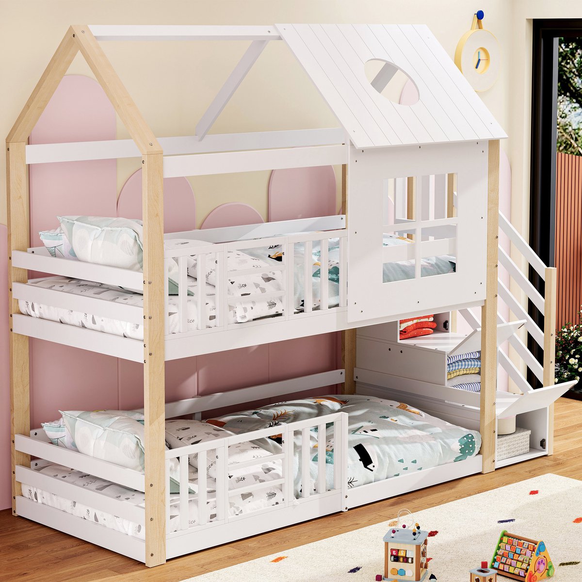 MEUNIQ stapelbed 90x200 cm met opbergtrap, huisbed met dak en raam, uitvalbeveiliging, kinderbed voor kinderkamer, wit en naturel