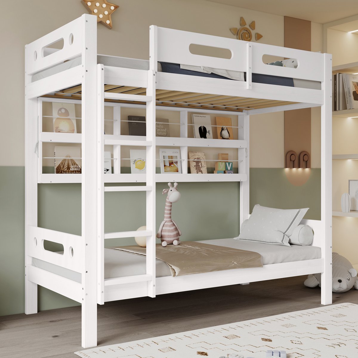 MEUNIQ stapelbed 90x200 cm met open opbergvakken, vijfstaps ladder en uitvalbeveiliging, kinderbed voor kinderkamer, grenen en MDF, wit en naturel