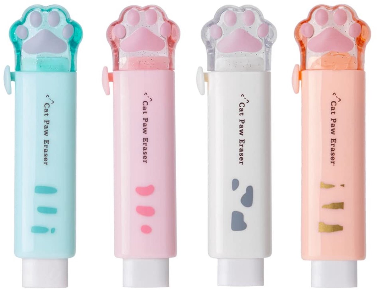 Dailygoods- Gummen 4 stuks kattenpootvorm - Niet-toxisch - Lichtgewicht - Intrekbare gummen - Voor kinderen - Ideaal voor schoolgebruik - Gum