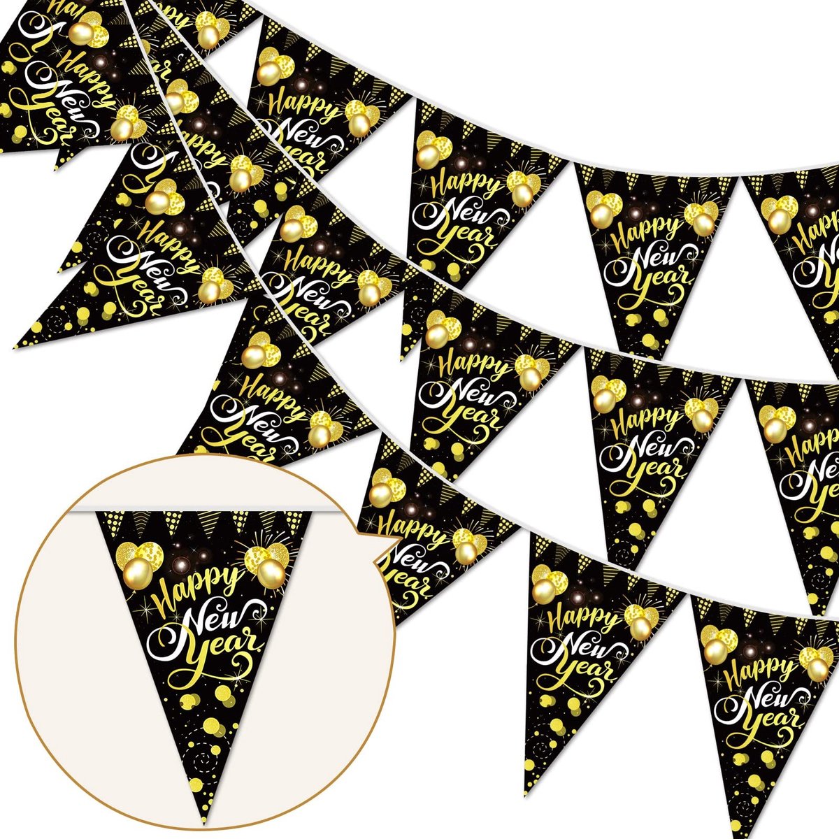 Dailygoods- Oudejaarsavond Slinger - Happy New Year Wimpel - Feestdecoratie - Zwart/Goud - Papieren Kaart - Afmetingen 27,5 × 19 cm
