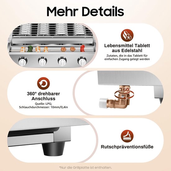 Paco Goederen® 4-branders BBQ-propaangasgril - Roestvrij Staal - Draagbare LPG - Tafelmodel - In Hoogte Verstelbare Gasgrill- Tuin Terras Balkon Camping - Afneembare rookloze barbecuegrill - Snelle opwarming van Paco Goederen® — afbeelding 2