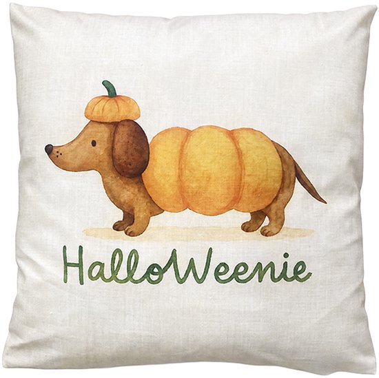 Coussin blanc avec un teckel déguisé en citrouille, texte 'HallowWeenie'.