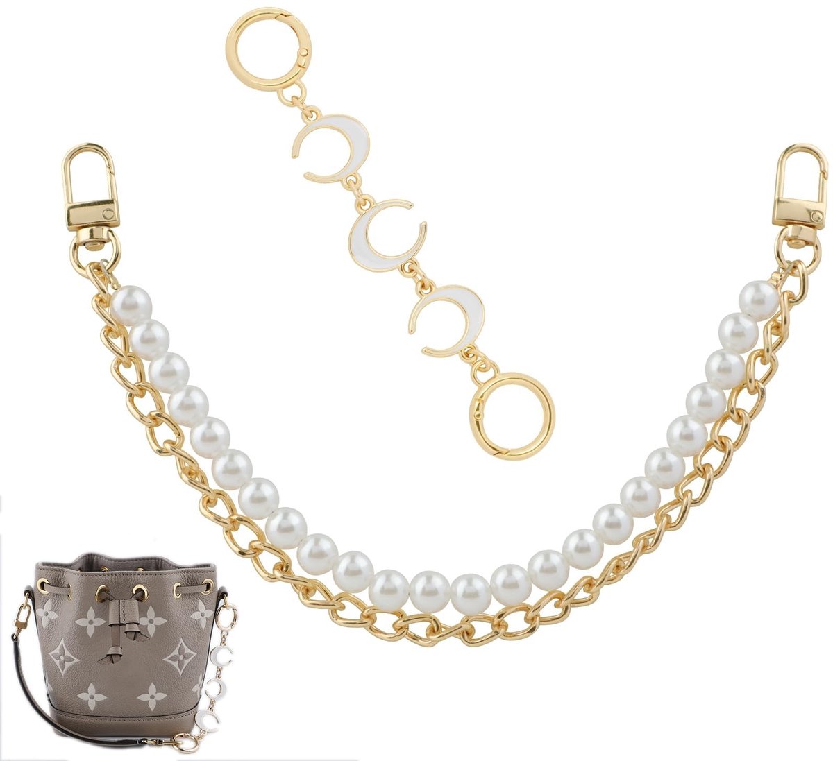 Dailygoods - 2 stuks tassenkettingen, goud met parels en maanhanger, dubbel voor handtas, portemonnee, schouderriem, ketting, vervangende tasriem, kettingverlenging, elegante parelketting, tas, verlengketting