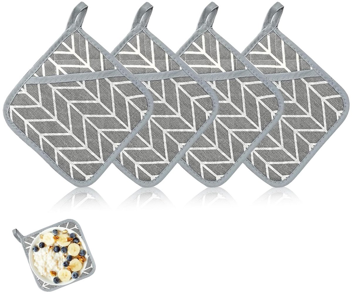 Dailygoods- Pannenlappen Set van 4 - Wasbare Katoenen Lappen - Antislip - 17 x 17 cm - Voor Ovens/Bakken - Grijze Beschermlappen - Keukenhanddoeken