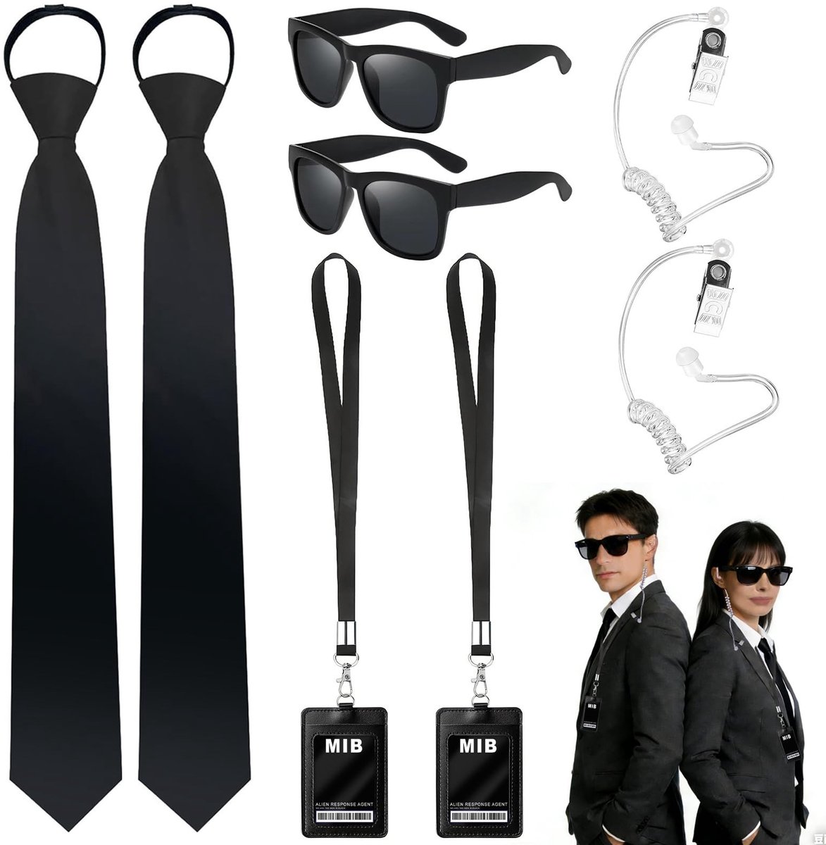 Dailygoods - 8 stuks agent kostuum accessoires: Men in Black kostuum accessoires met stropdassen, zonnebril, fake radio & ID-kaarthouder - complete agenten
