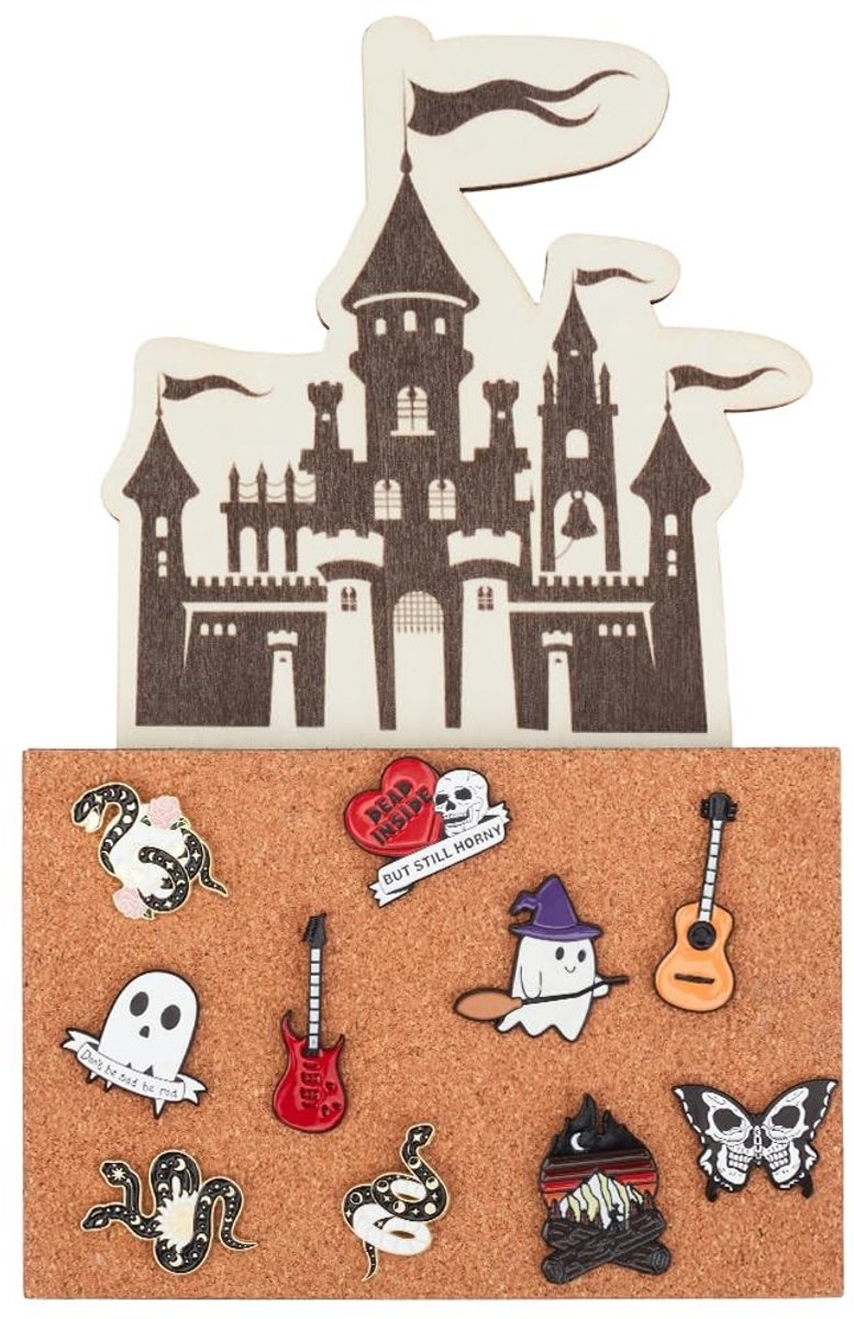 Dailygoods- Prikbord Kurk Vlaggenkasteel - Houten Frame - Broche/Sieraden Display - Kantoor/Woondecoratie - 23,8 x 15 cm - Uniek Ontwerp - Displaybord