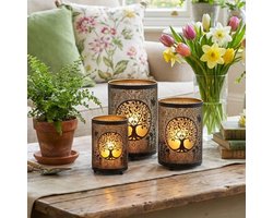 Dailygoods - TRIROCKS Levensboom kaarsenlantaarn set van 3, 52 cm & 41 cm & 30 cm, bronzen metalen kaarsenhouder, decoratieve lantaarn voor woonkamer, tafel, feest, terras, entree, binnen & buiten