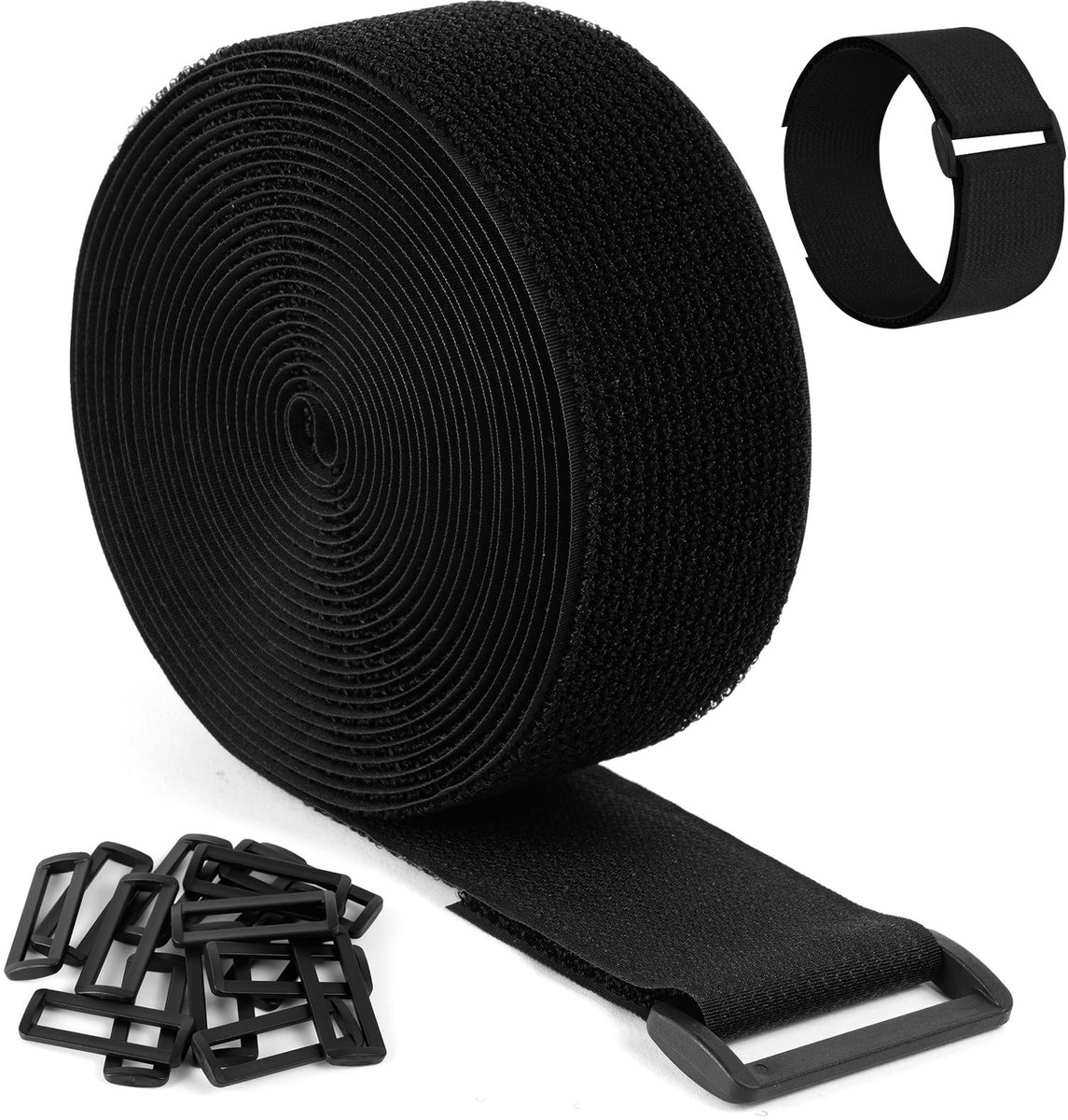 Dailygoods - Ainiv Kabelriemen, 5 m (breedte: 15 mm) Verstelbare Vrije Snijlengte, Herbruikbare Zelfklevende Tape Kabelbinders met 15 Gespen, Multifunctionele Draad- en Kabelorganizer voor Kantoor, Thuis (Zwart)