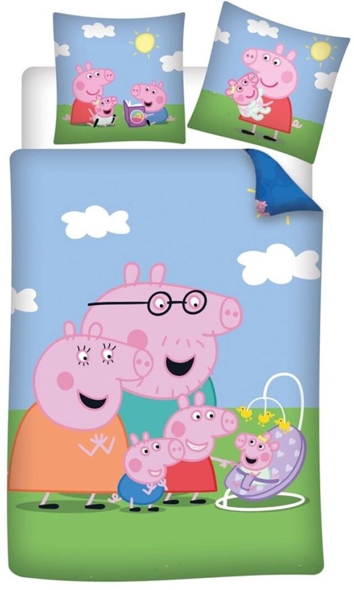 Dailygoods- Beddengoedset Peppa Pig - Dekbedovertrek 140 x 200 cm - Kussensloop 65 x 65 cm - Polykatoen - Omkeerbaar - Hemelsblauw met wolken