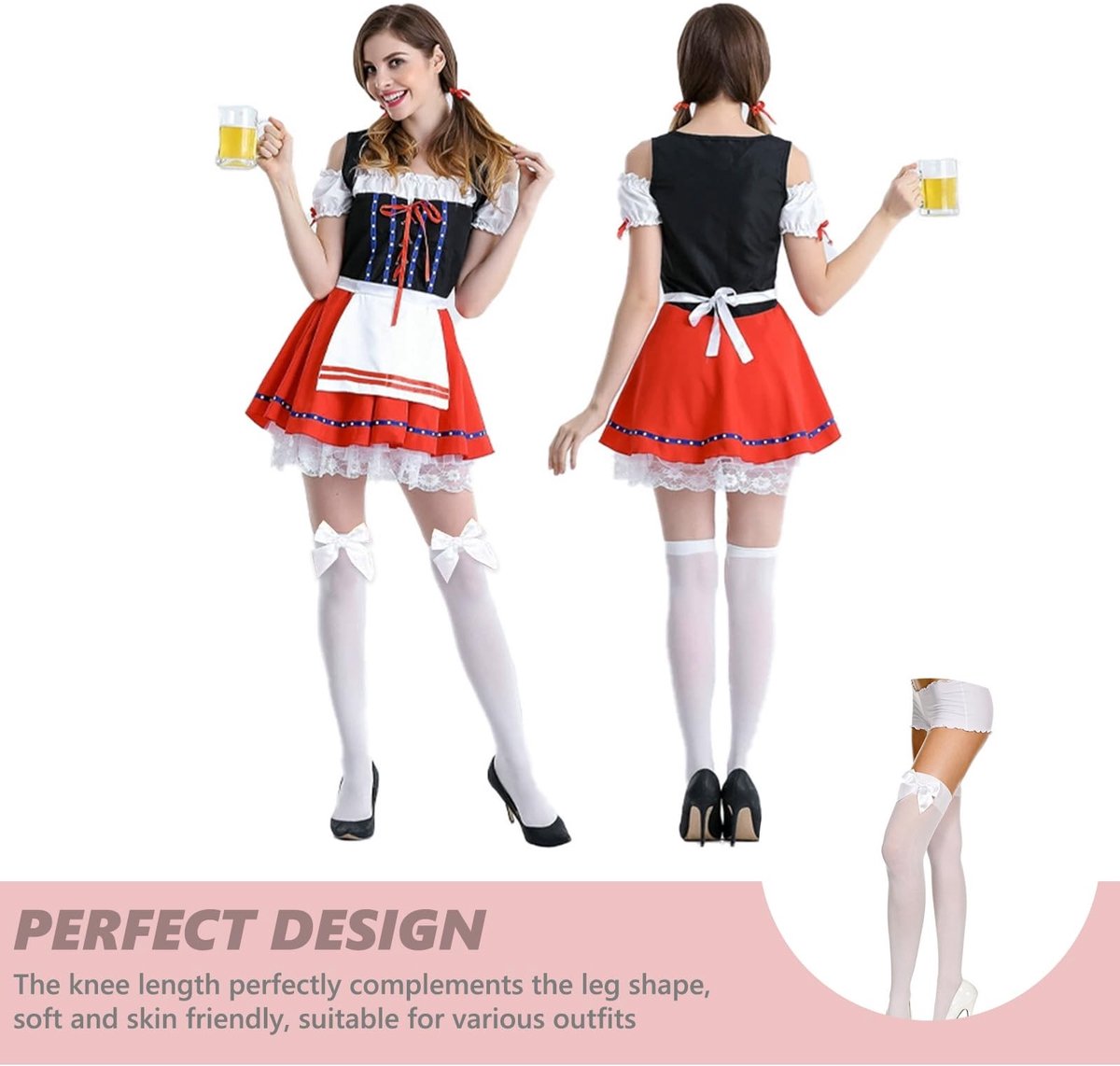 Dailygoods- Kniekousen Rekbaar - Witte Kousen met Strik - Lange Kousen tot de Knie - Ademend Nylon/Elastaan - Perfect voor Carnaval/Avond - Sokken