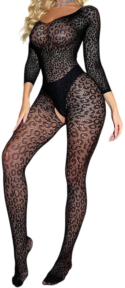 Bodystocking sexy - Luipaardpatroon - Transparante netstof - Lange mouwen - Open rug - Rekbare stof (XS-XL) - Perfect voor clubnachten - Catsuit