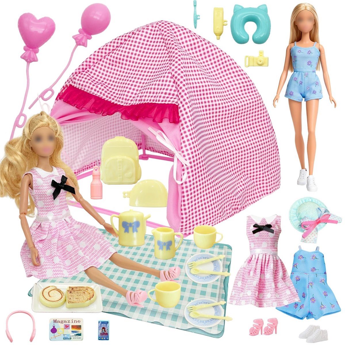 Dailygoods- Poppen Set 32-delig - Poppen Camping - Poppen Reis - Poppen Accessoires - 11,5 inch Pop - Speelgoed Pop - Speelgoedpop