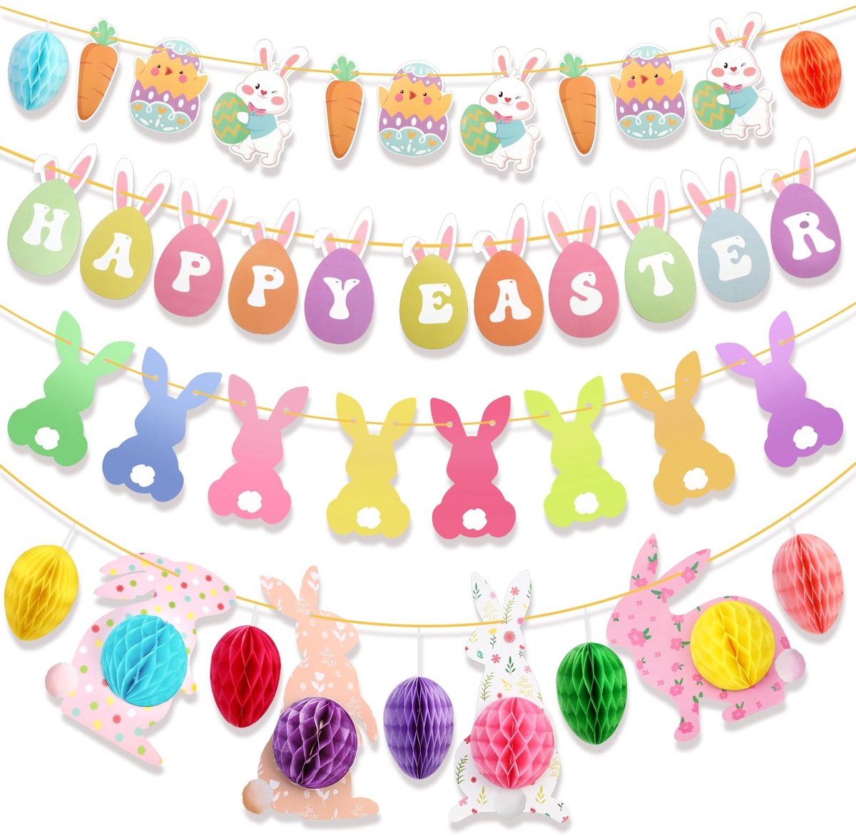 Dailygoods- Paasdecoratie met 3 stuks Vlaggenbanner - Paashaas/Honingraat - Paasei/Honingraat - Lente Decoraties - Hangend - Papier - Paasversiering