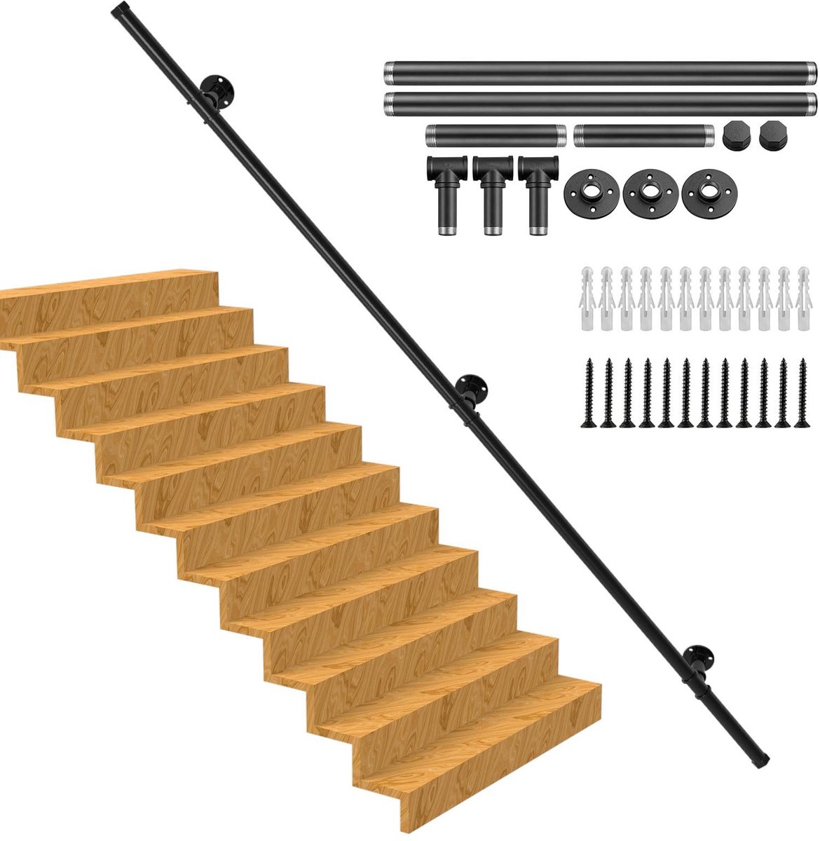 Dailygoods- Pijp Leuning 2,5 m - Industrieel - Zwart - Koolstofstaal - Wandmontage - Waterdicht, roestbestendig - Trapleuning