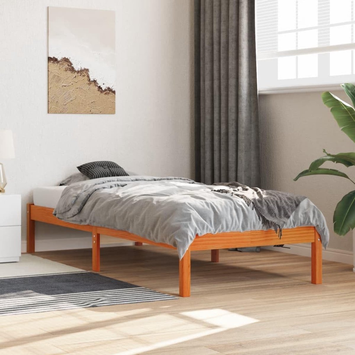 Houten Bedframe - Eenpersoons Bed - Rustige Nachtrust - Massief Grenenhout - 75 x 190 cm - Wasbruin