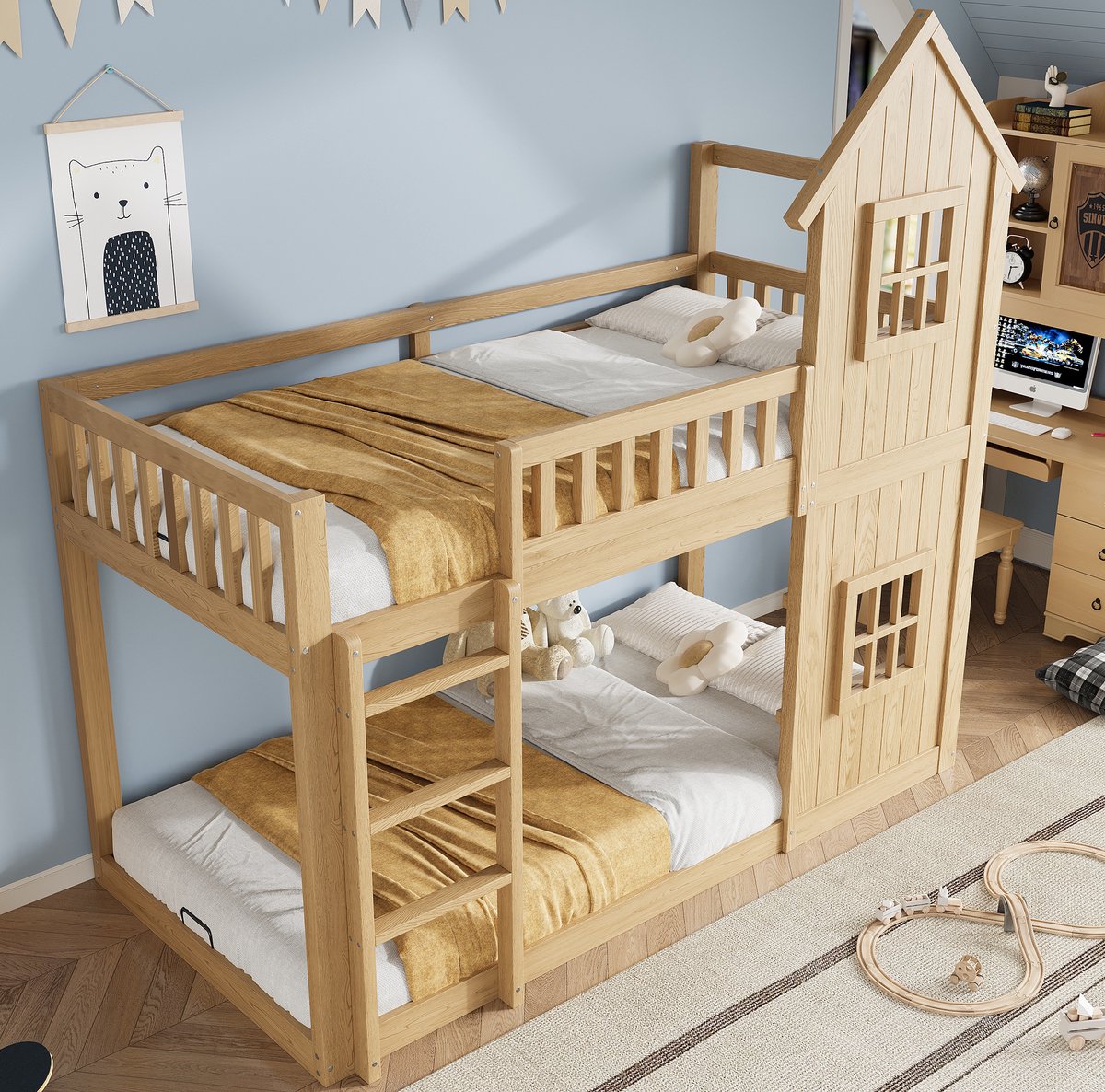 MEUNIQ stapelbed 90x200 cm kinderbed in huisvorm met 2 raamdetails, 3-treden trap, rondom