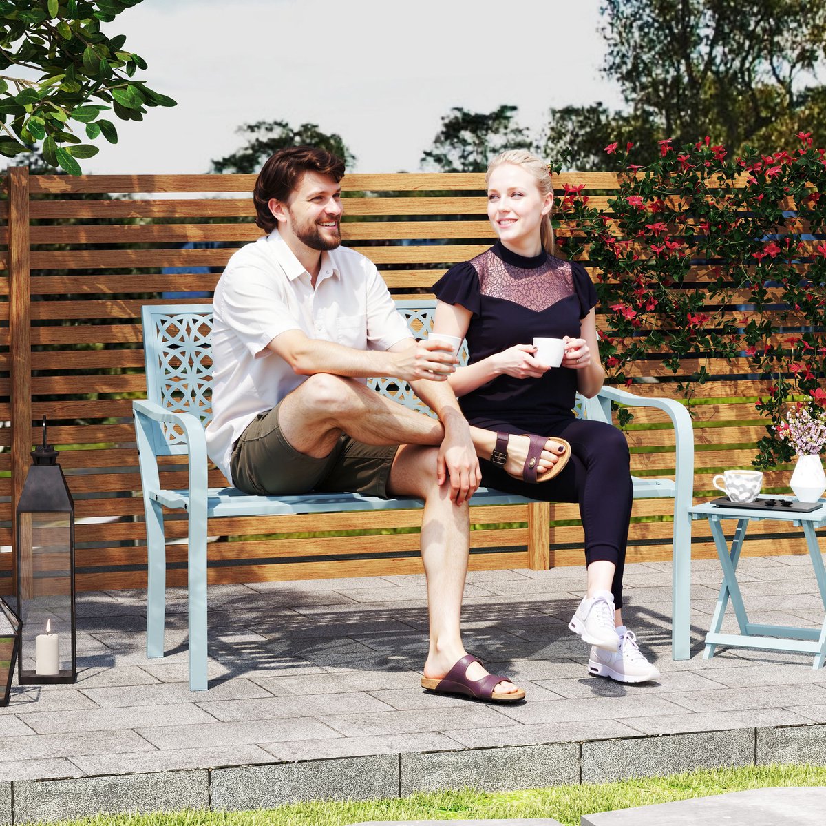 Tuinbank - 2-Zits Parkbank Met Rugleuning En Armleuningen - Weerbestendig Voor Balkon Terras Tuin En Park - Staal - Blauw