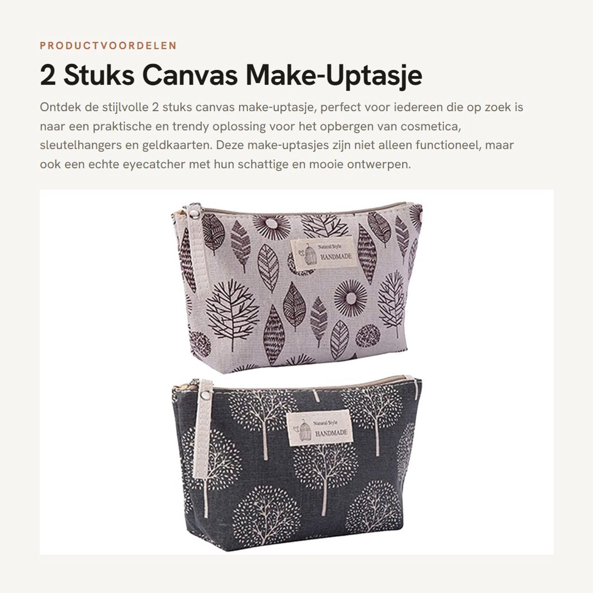 Dailygoods- Make-Uptasje Klein - Canvas Make-Uptasje met Ritssluiting - Multifunctioneel Reistasje - Duurzaam Katoenen Tasje - Handgemaakt Design - Ideaal voor Cosmetica en Kleine Spullen - Cosmetica Tas