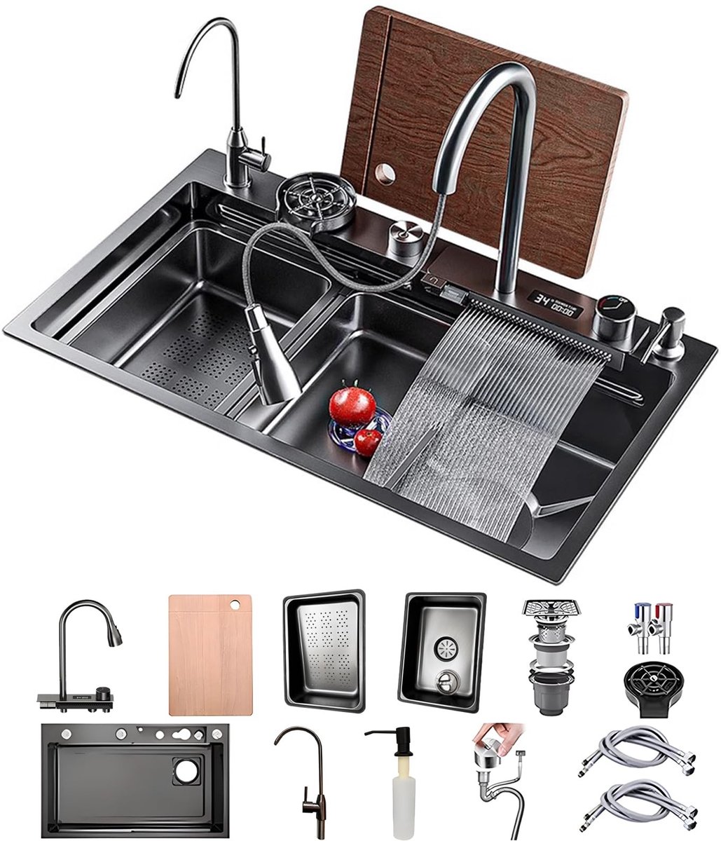 Dailygoods- Keukenspoelbak Waterval - Rechthoekig - Roestvrij Staal - 90 x 50 cm - Uittrekbare Kraan - Sifon en Overloop - Gootsteen