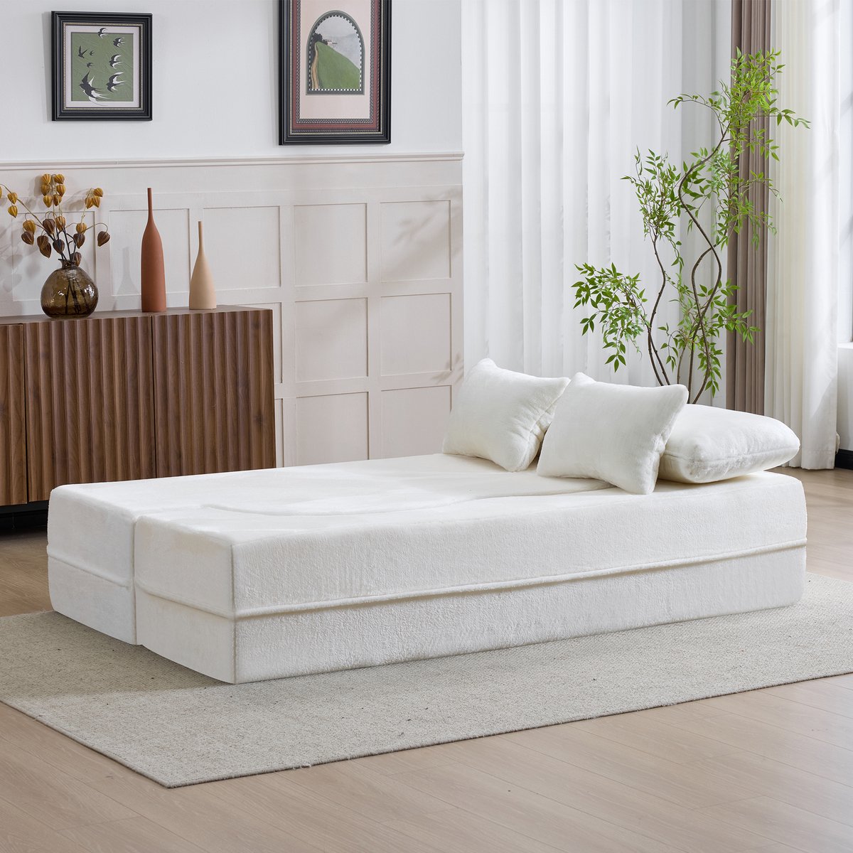 DESMIU Slaapbank 198 Cm - Modulaire 2-Zits Futon Met Hoge Dichtheid Schuim En 4 Sierkussen