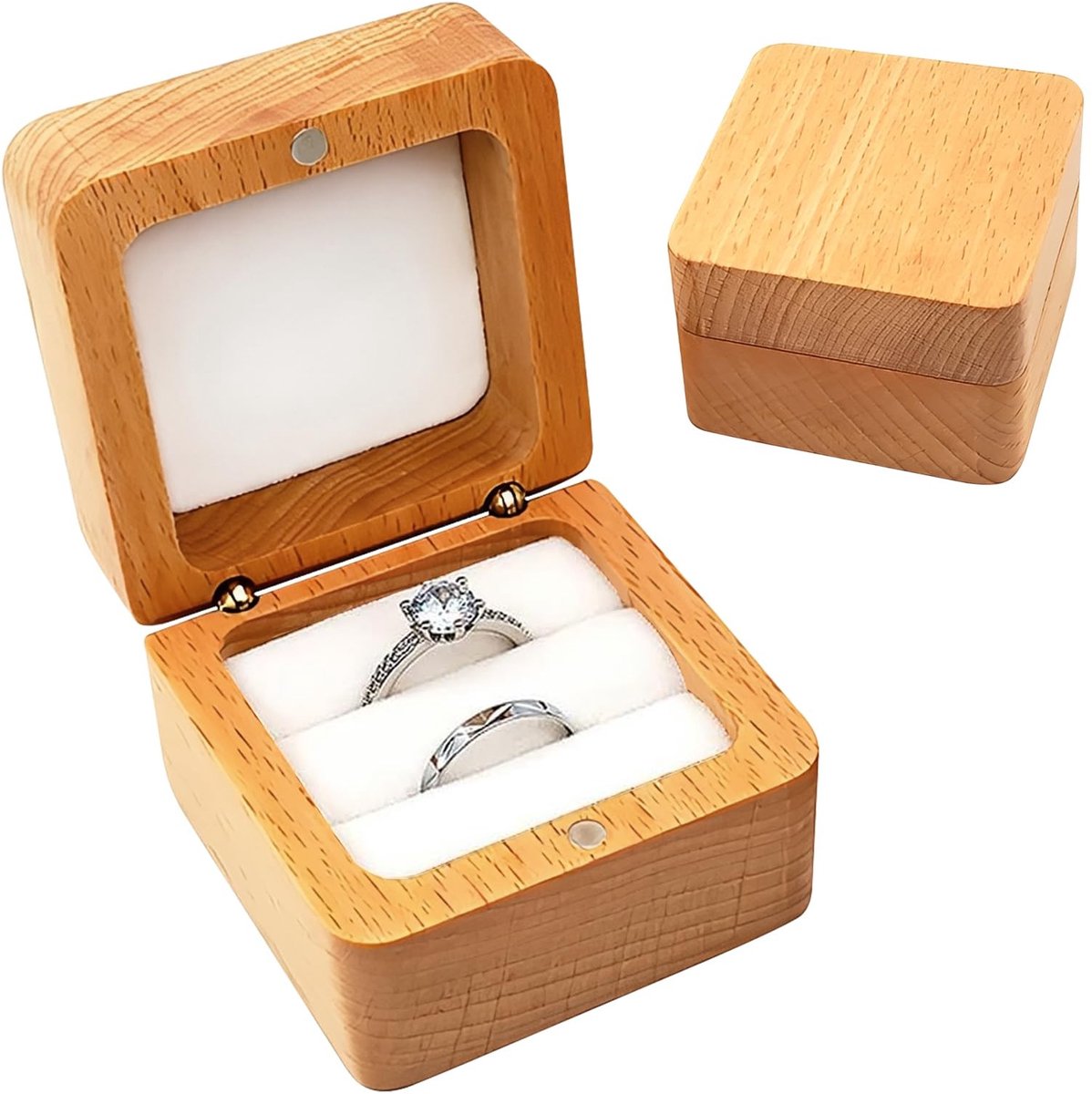 Dailygoods - Houten ringdoosje, vintage ringdoos met dubbele gleuf, 6 x 6 x 4 cm, vierkante ringdoos met fluweelzachte binnenkant voor huwelijksaanzoek, verloving, bruiloft en dagelijkse opslag