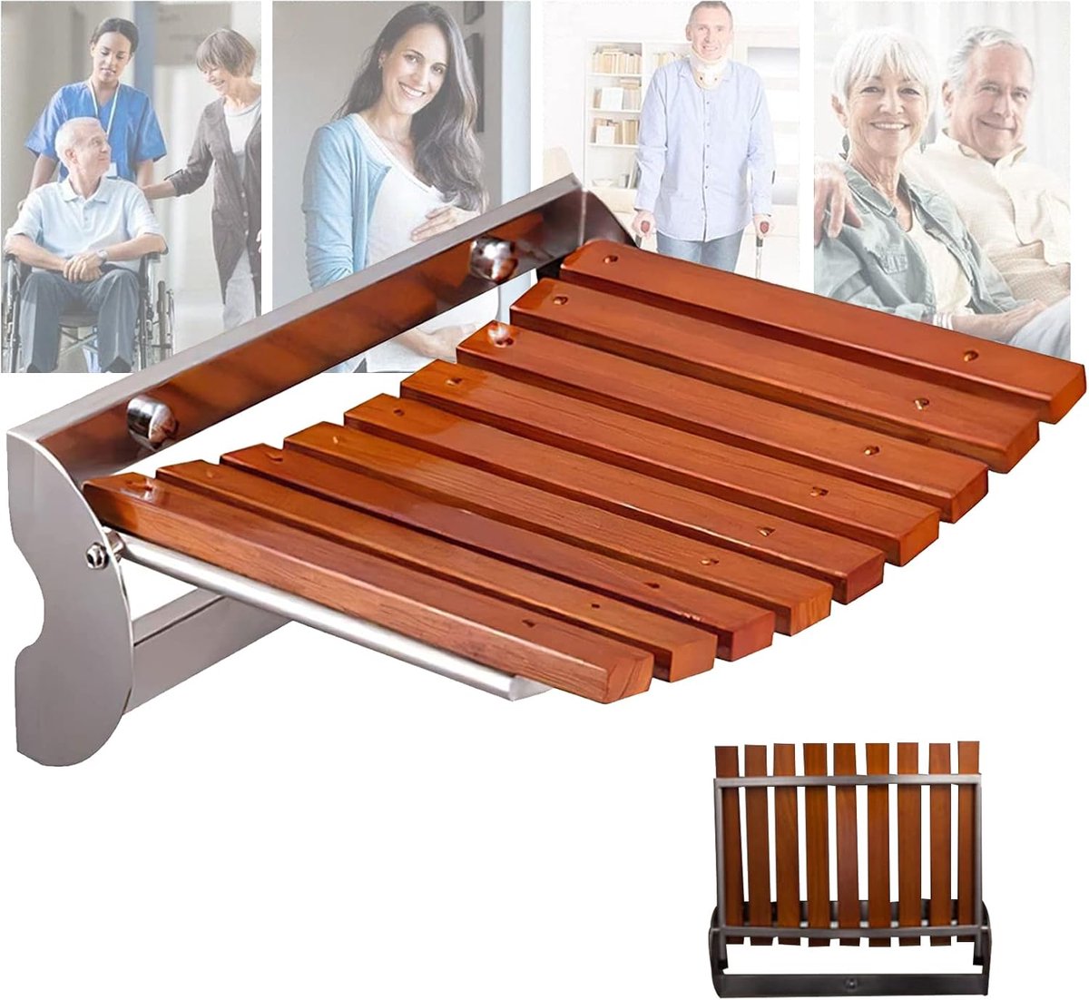 Opklapbare Douchestoel - Wandmontage Kruk Badkamer - Veilig Douchen - Massief Hout RVS - 376 x 137 x 303 mm