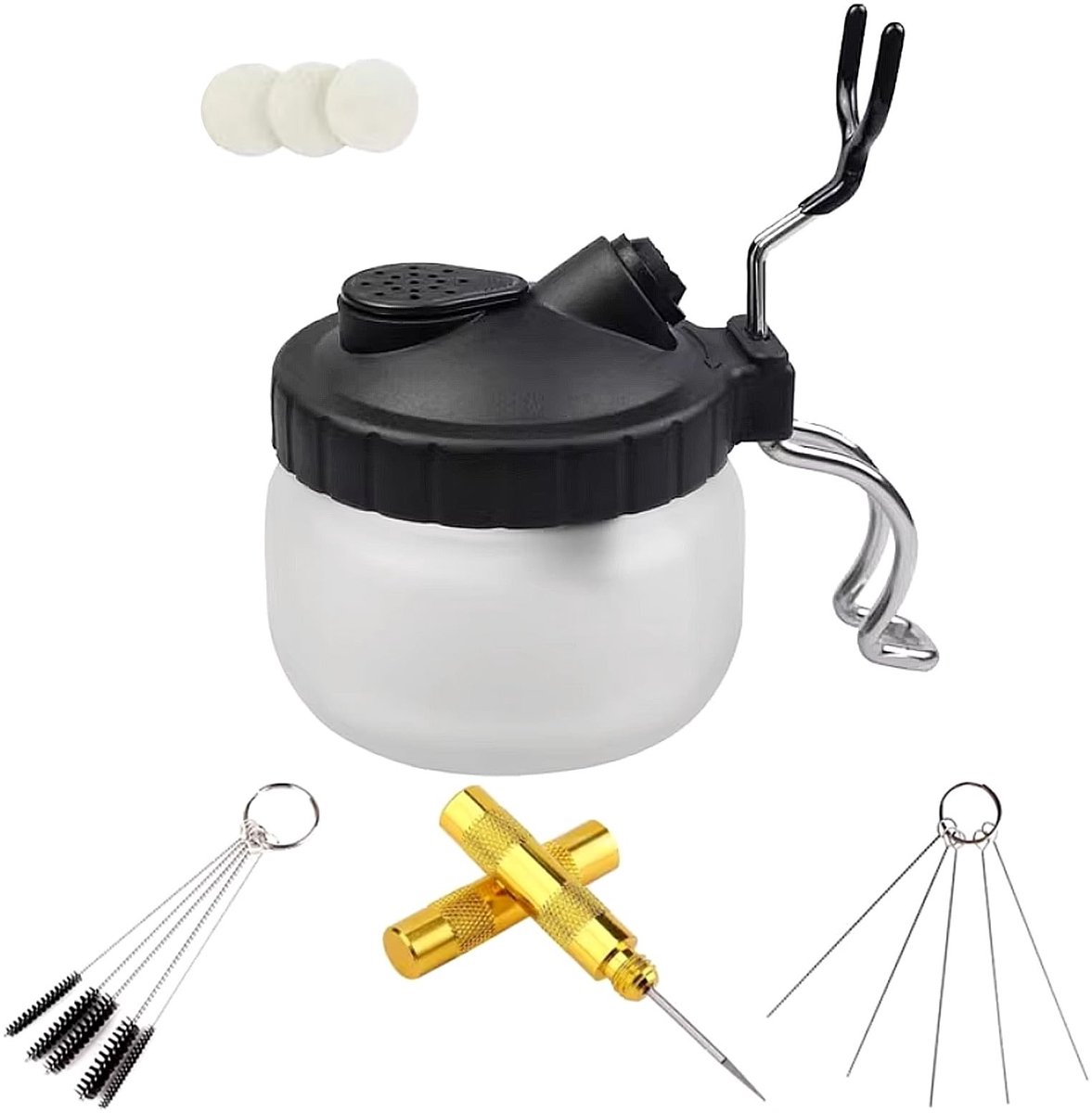 Dailygoods- Reinigingsset Complete Airbrush - Fles met Houder - 5 Reinigingsborstels - 5 Reinigingsnaalden - Reinigingsschraper - Transparante Fles - Airbrushreinigingsset