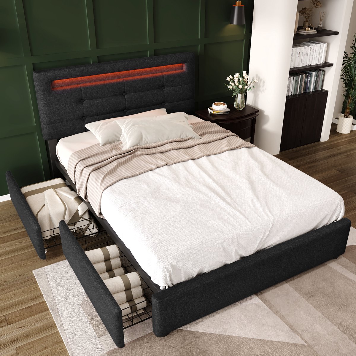 MEUNIQ eenpersoons bedframe 90x200 cm met LED-verlichting, 2 lades, verstelbaar hoofdbord, lattenbodem, gestoffeerd normaal bed voor slaapkamer, zwart
