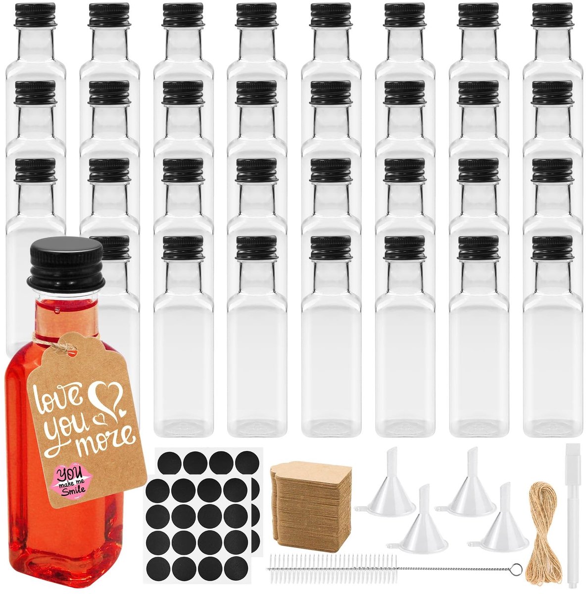 Dailygoods- Mini Flesjes 32 Stuks 50 ml - Herbruikbaar - Met Kurk - Trechter - Etiketten - Schoonmaakborstel - Perfect voor Cadeautjes - Likeurflesjes